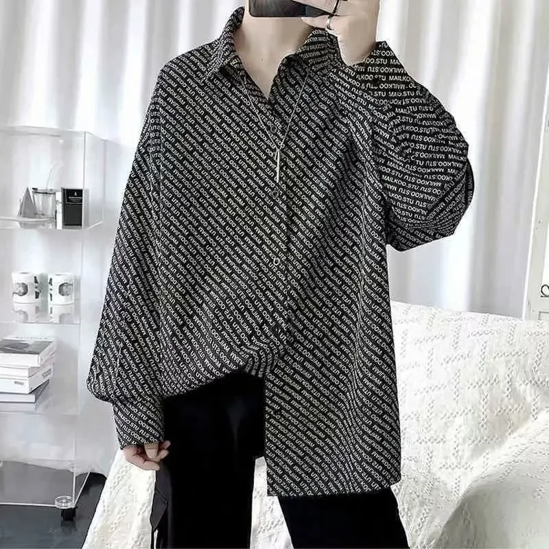 

Korean Style Harajuku Casual Long Sleeve Shirt Men's Fashion Full Body Letter Printed Baggy Shirt Jacket Japan Streetwear