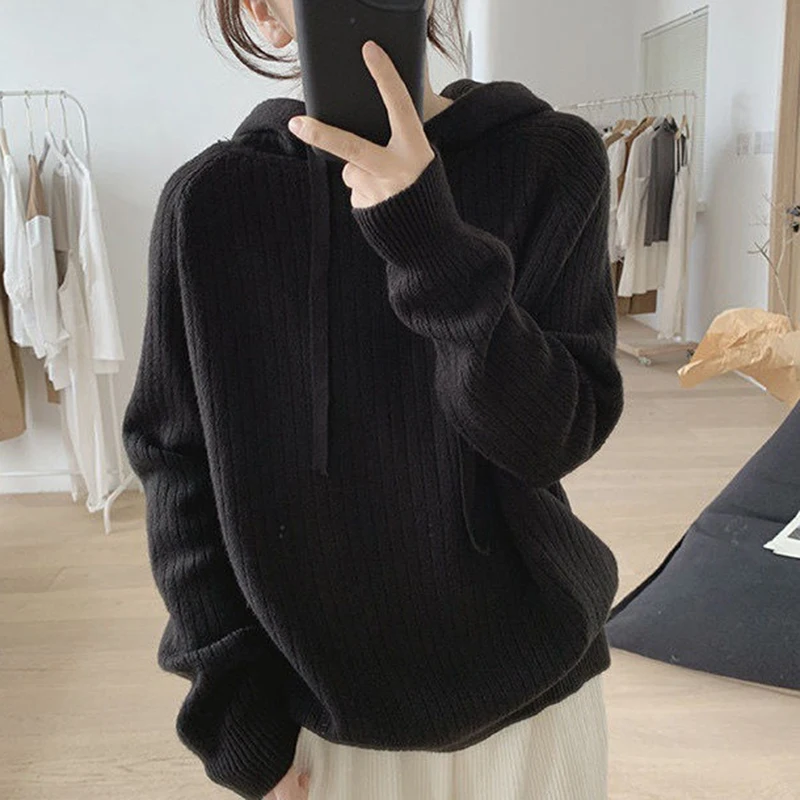

Solid Color Knitted Hooded Sweaters Women Autumn Winter Long Sleeve Warm Sweater Woman All Match Loose Thicken Pullover Female