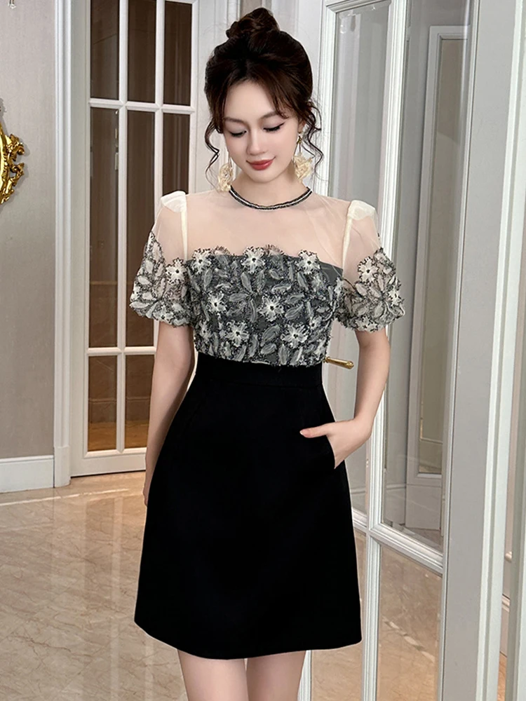 Vestido negro de estilo francés para Mujer, vestido corto Sexy de alta sociedad con empalme de encaje y bolsillo de malla transparente, Vestidos para fiesta y discoteca para Mujer
