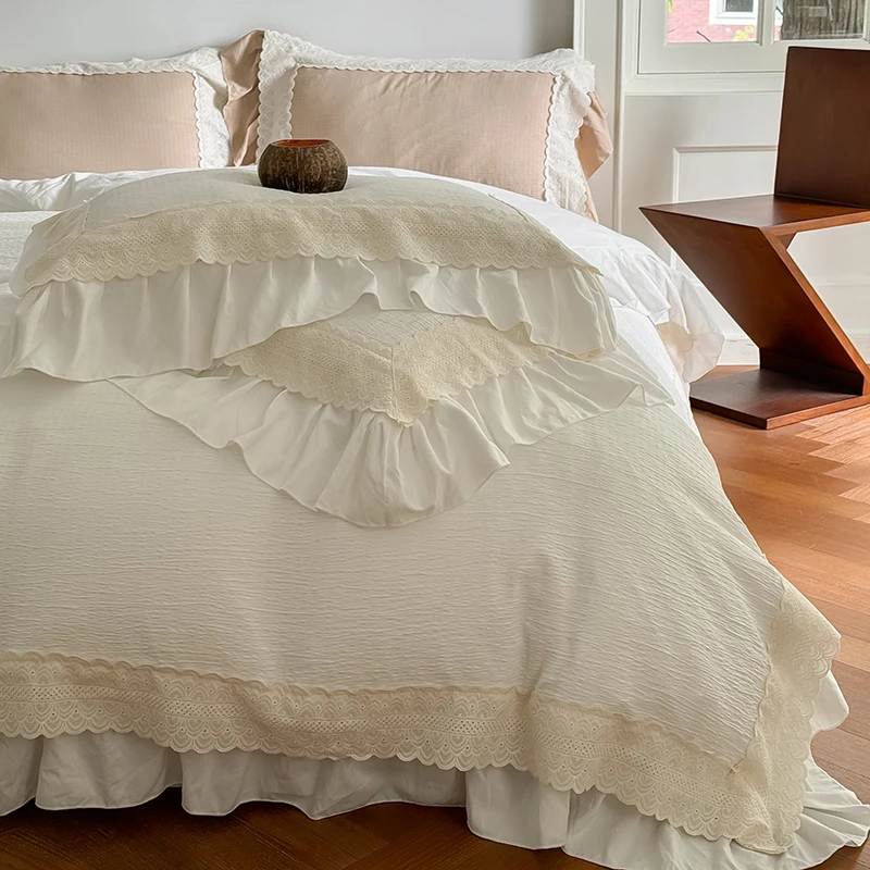 

Vintage French Lace Ruffles Bedding Set Wrinkled Yarn Soft Princess Wedding Single Queen King Duvet Cover Bed Sheet Pillowcases