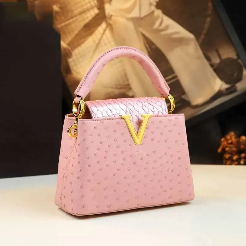 Luxury Fashion Leather Women\'s Handbags V Letter Small Shoulder Crossbody Bag Niche Ostrich Print Portable Messenger Shell Bags