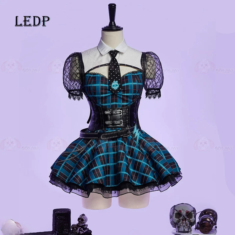

2025 Halloween Sweet Cool Puff Sleeve Short Dresses Ladies Original Design Blue Plaid Lace Splicing Hollow Out Women's Dress