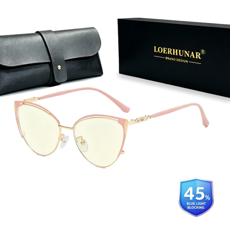 Vintage Designer Cat Eye Glasses for Women Pink Upper Frame Gold Metal Frame Elegant Decorative Temples UV400 Female Eyewear