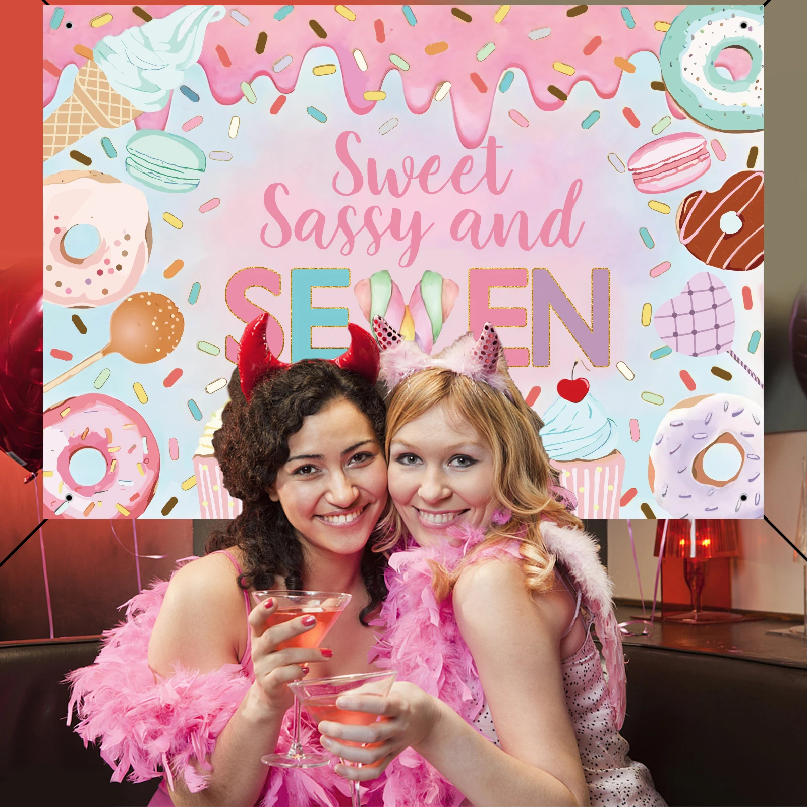 لافتة وردية خلفية لزينة حفلات أعياد الميلاد ، ساسي حلو ، دونات 7 ، دونات 7