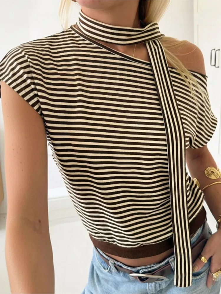 

2026 Summer Casual Blusas Short Sleeves T Shirt Tees Simple Style Tops For Woman Striped All-match Contrast Slant Collar Pendant