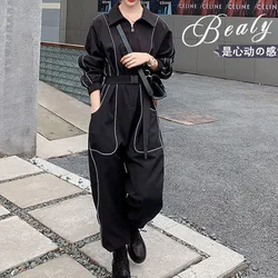 女性用長袖カーゴジャンプスーツ,折り襟,ジッパー,パッチワークポケット,ハイウエスト,オールマッチ,春,夏,秋,新品