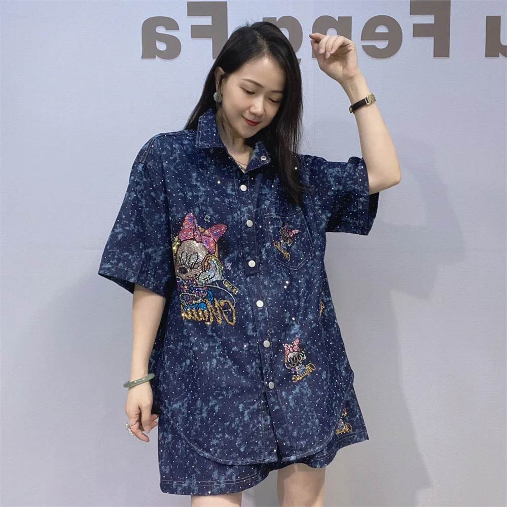 Conjuntos de pantalones cortos de mezclilla para mujer, conjuntos de dos piezas, blusa informal con cuello vuelto de dibujos animados, conjuntos a juego de gran tamaño, moda coreana