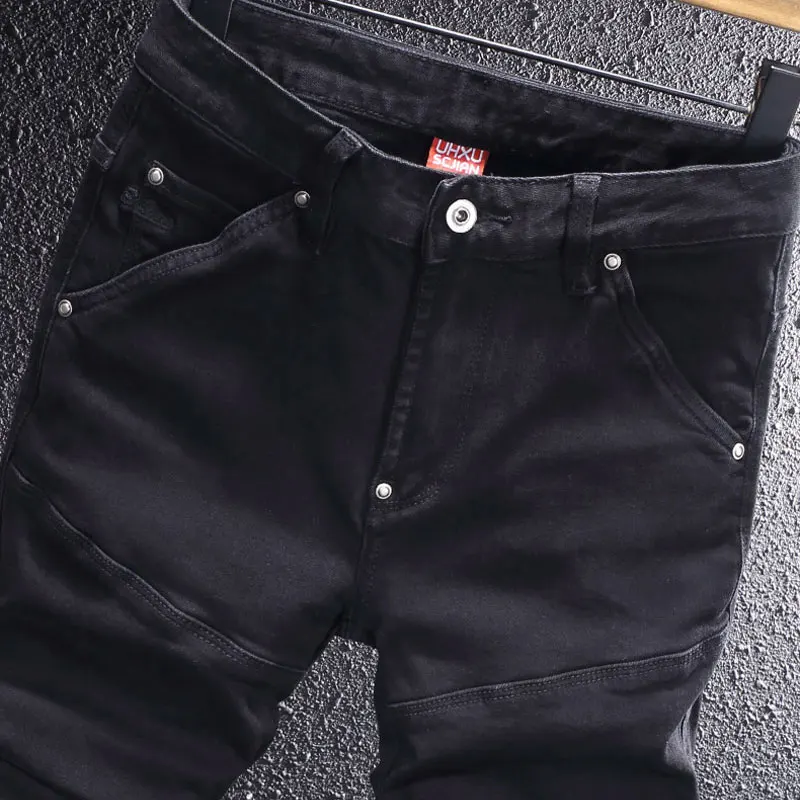 Alta rua moda masculina jeans preto estiramento fino ajuste emendado designer biker jeans homme remendado hip hop denim calças