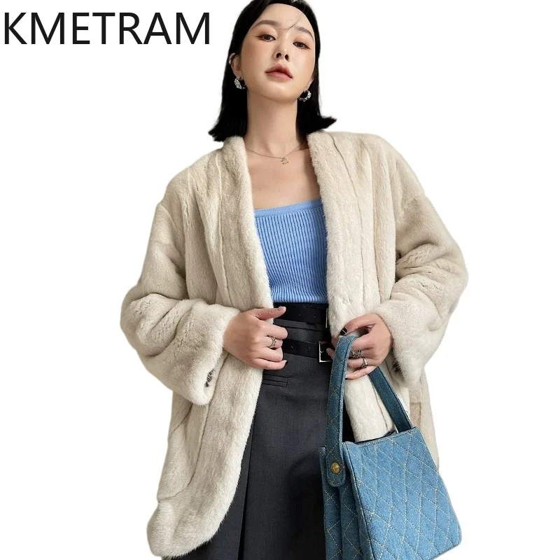 

KMETRAM Women's Natural Mink Fur Jacket Vintage V-Neck Mid-Length Fur Coats Winter Real Fur Coat Woman Clothes 2026 шуба женская