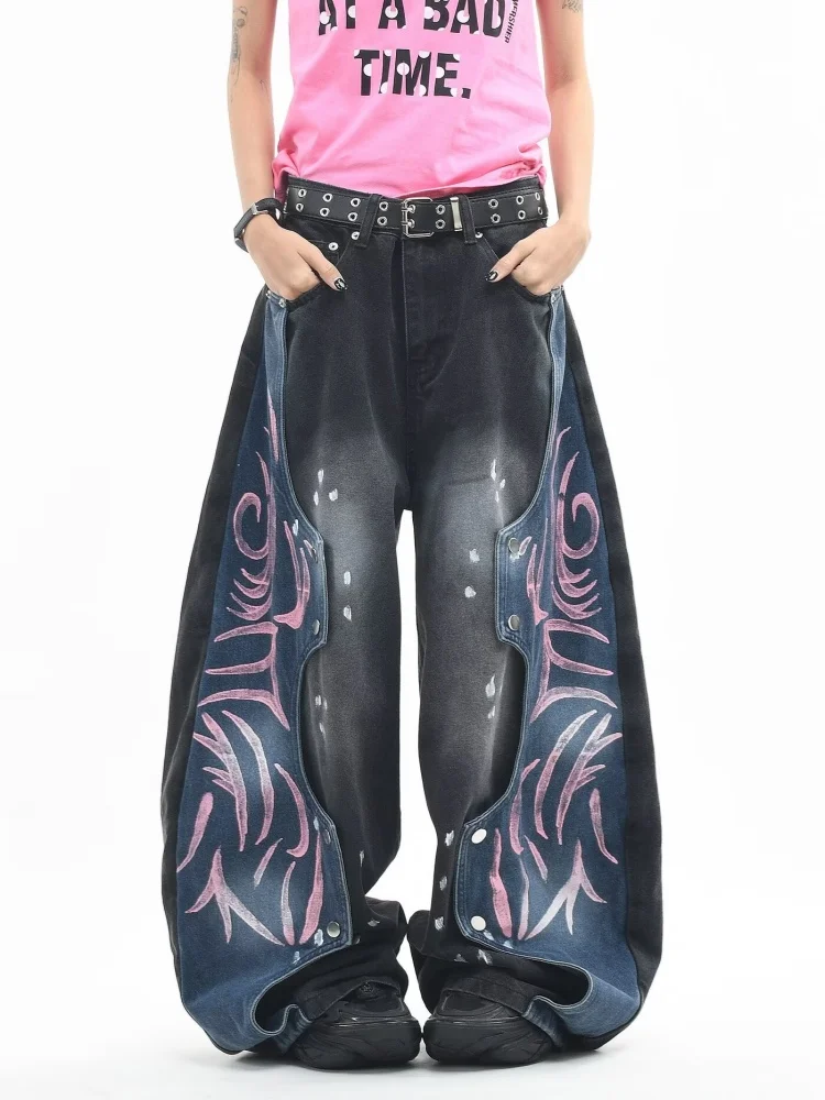 2026 Trend Y2K Style Paint Splash Washed Black Baggy Women's Jeans Pants Woman Clothing Wide Leg Patchwork Loose Long Trousers