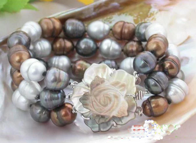 

Favorite Pearl Jewelry,3Rows 14mm Multicolor Rice Freshwater Cultured Pearl Bracelet,Wedding Birthday Party Perfect Women Gift