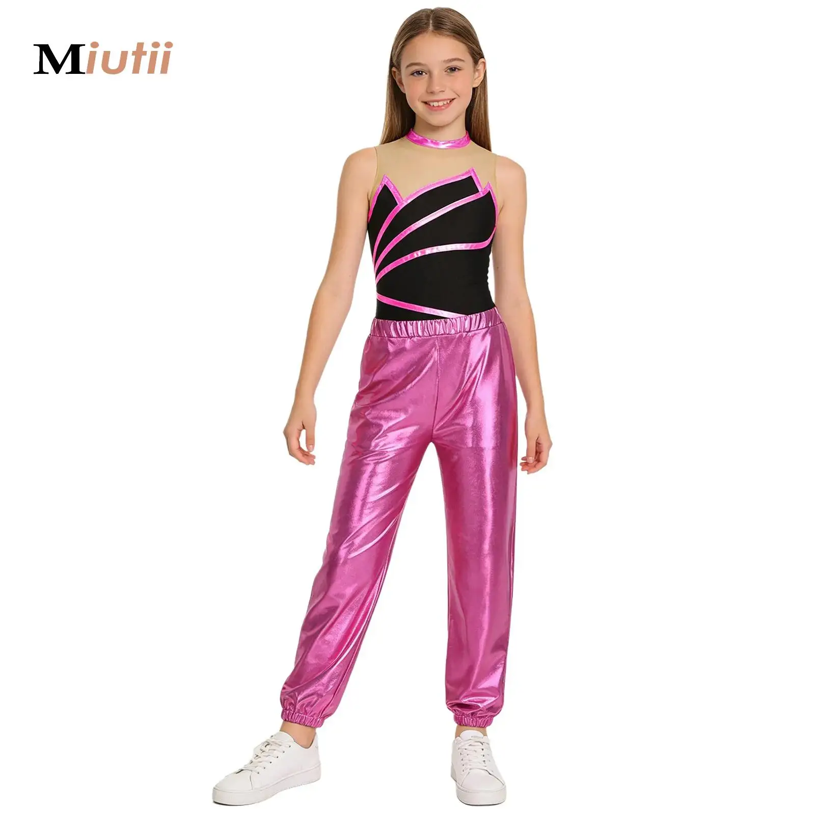 

Kids Girls Ballet Dance Sets Sleeveless Leotard with Tumbling Shorts Sheer Mesh Ballet Dancewear Unitard Gymnastics Workout