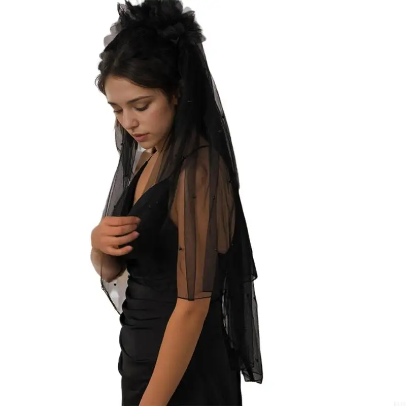 

91AF Элегантная 3D -цветочная черная вуаль с волосами прозрачная вуали для свадебных аксессуаров для свадебных тематических