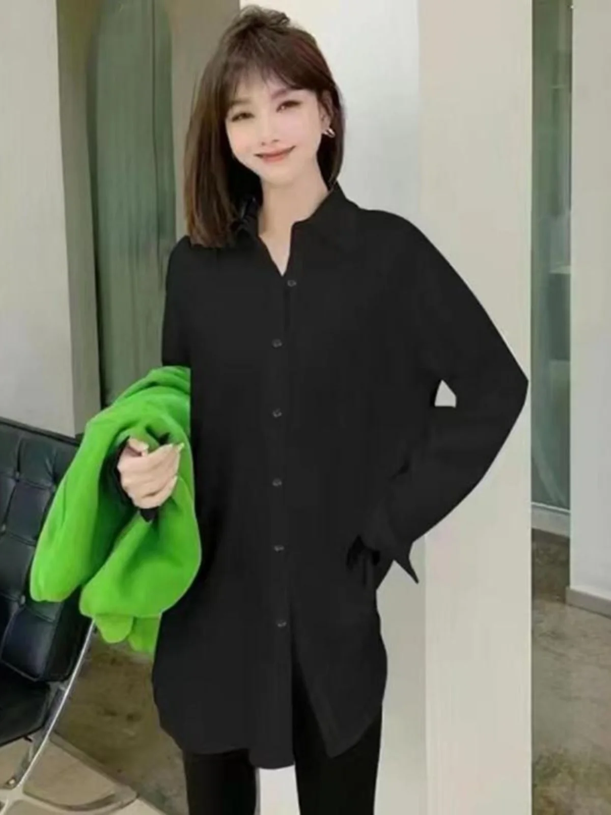 

Новинка 2024, женская верхняя одежда Long Sve irt, большие размеры, дизайн Sensation Bla Layering irt, корейский Sle, свободный крой, на пуговицах...