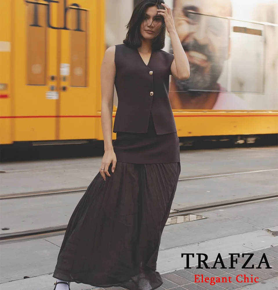 TRAFZA Women Vintage Vest Midi Skirt Set Button Knit Vest + Pleated Midi Skirt New 2025 Fashion Spring Summer Holiday Brown Set