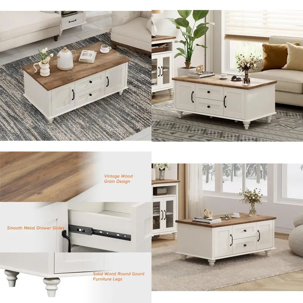 Modern Rectangular Rustic Wood Coffee Table with Drawers and Storage for Living Room