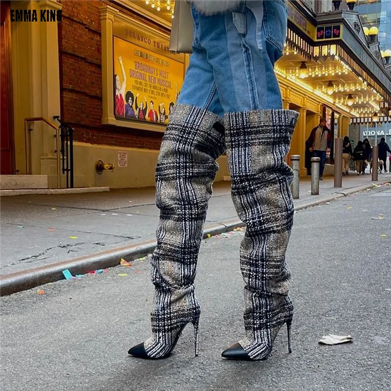 

2024 New Grey Grid Cloth Wide Loose Big Calf Pleated Over The Knee Boots Women Run Way Thin Heels Slip On Thigh Long Boots Shoes