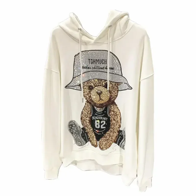 Autumn New White Hooded Sweatshirts Women\'s Bear Hot Rhinestone Full Diamond Fashion Brand Big Wings Casual Long Sleeve Hoody