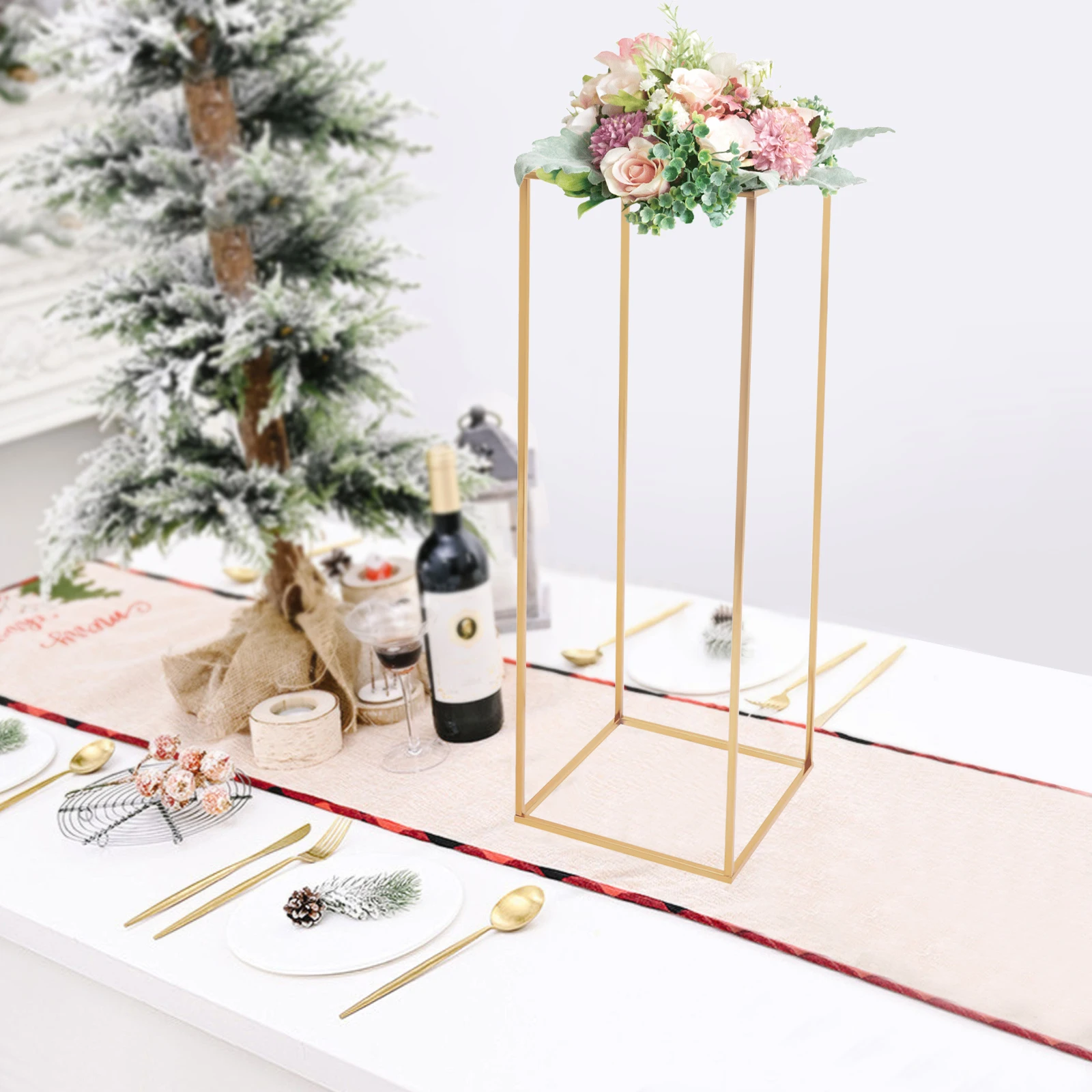 

Gold Flower Stand Metal Display Pedestal Party Wedding Home Decoration Pillar Stand Backdrop 28x28x80 cm