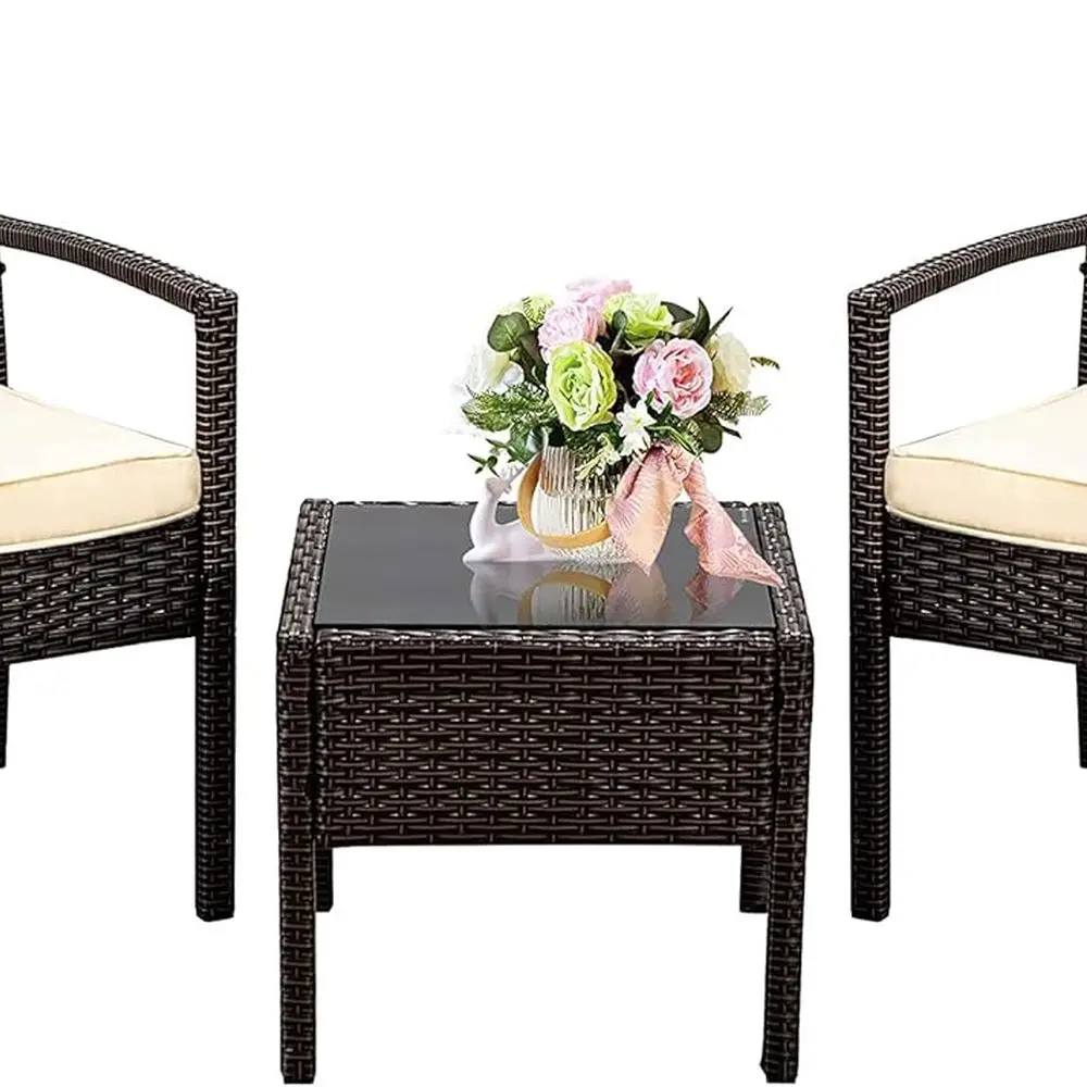 

Набор для патио из бежевого ротанга: мебель для бесед на открытом воздухе из 3 предметов с подушками для двора, балкона, у бассейна