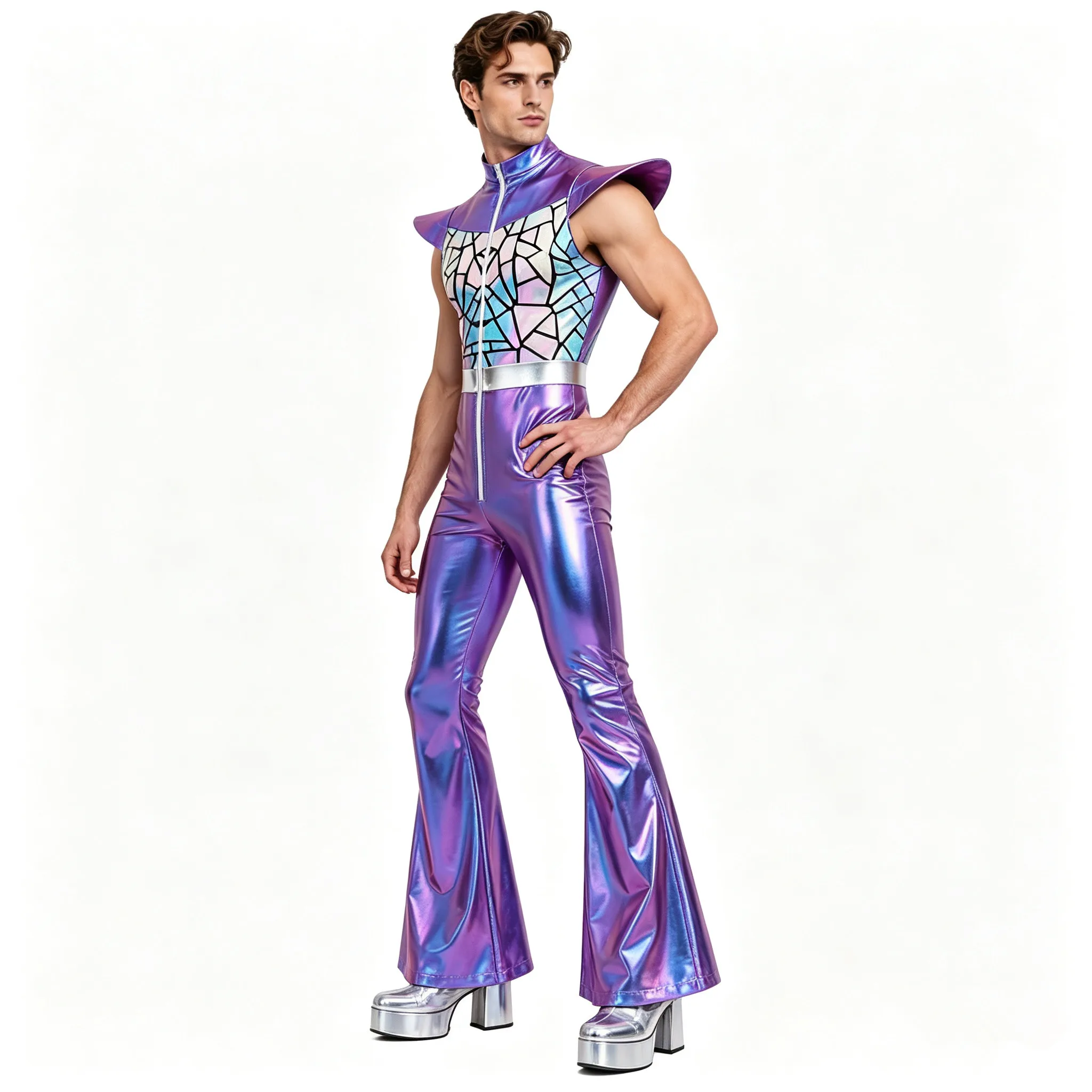 Mens Retro 70s Disco Dance Clubwear Jumpsuit Fly Sleeve Front Zipper Gradient Sequined Romper for Halloween Fancy Party Dress Up view 2
