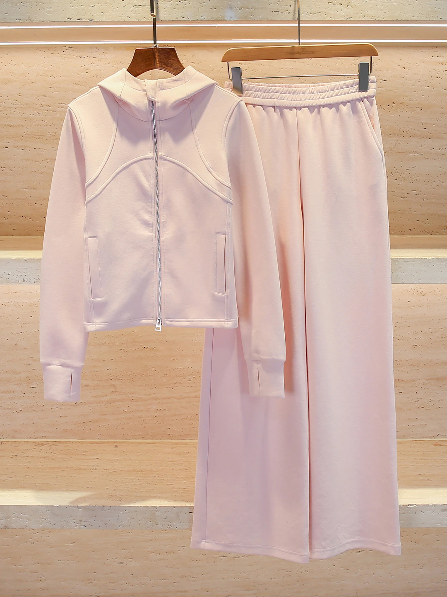 

High-End Women's Hoodie Jaet And Wide Leg Pants Set Elastic Waist Autumn Winter Faion Outfit Polyester Fiber Zipper Closure