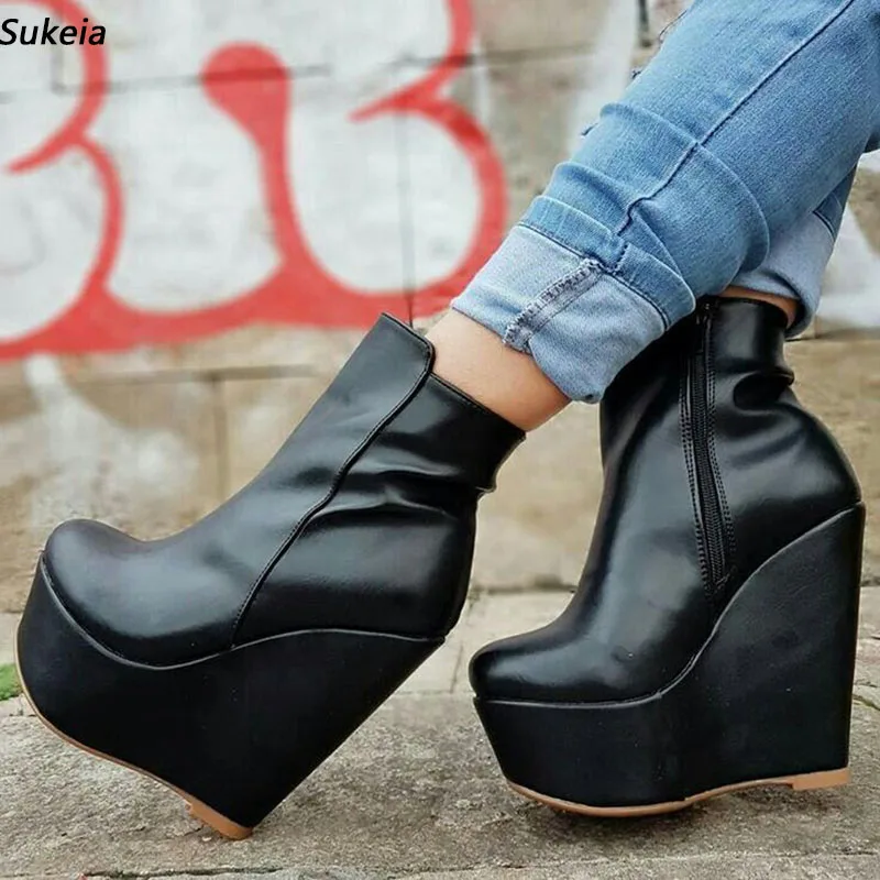 

Sukeia New Fashion Women Winter Ankle Boots Side Zipper Round Toe Wedges Heels Black Party Shoes Ladies US Plus Size 5-20