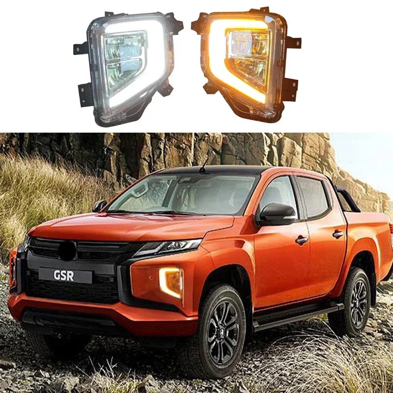 

Car LED Daytime Running Light White Fog Lamp Cover With Amber turn Signal Bezel For Mitsubishi Triton L200 2019 2020 2021
