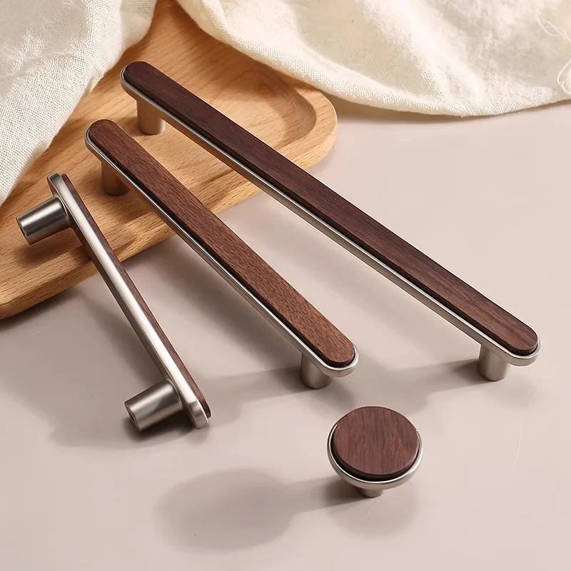 Black Walnut Cabinet Handles Brushed Nickel Drawer Round Knobs Solid Wooden Wardrobe Pulls Modern Zinc Alloy Furniture Handles