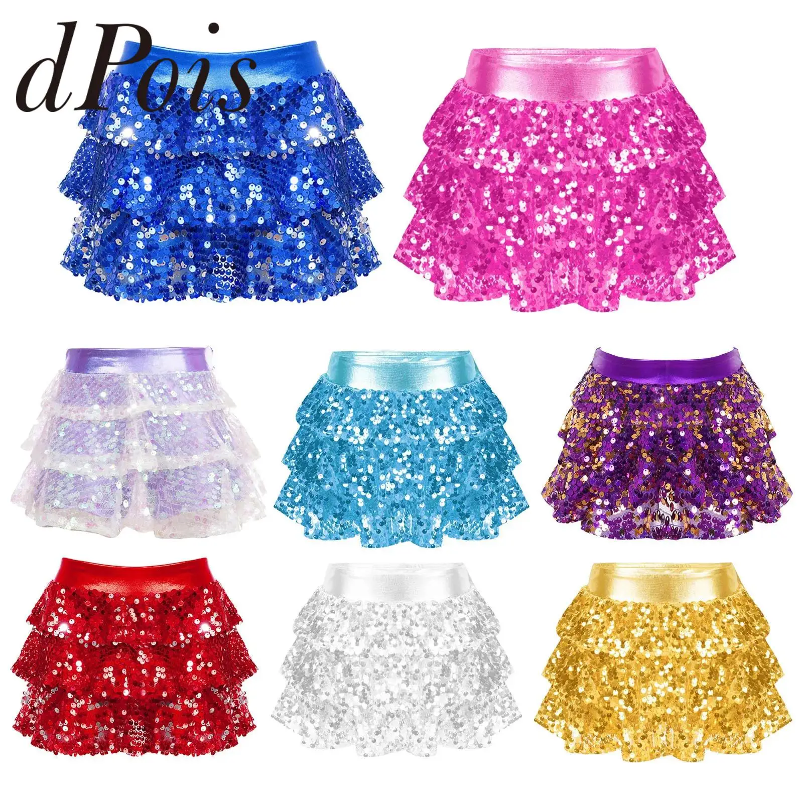 

Kids Girls Metallic Dance Skirt Culottes Shiny Sequins Tiered Ruffled Skirted Shorts Party Dancewear Stage Performance Costume