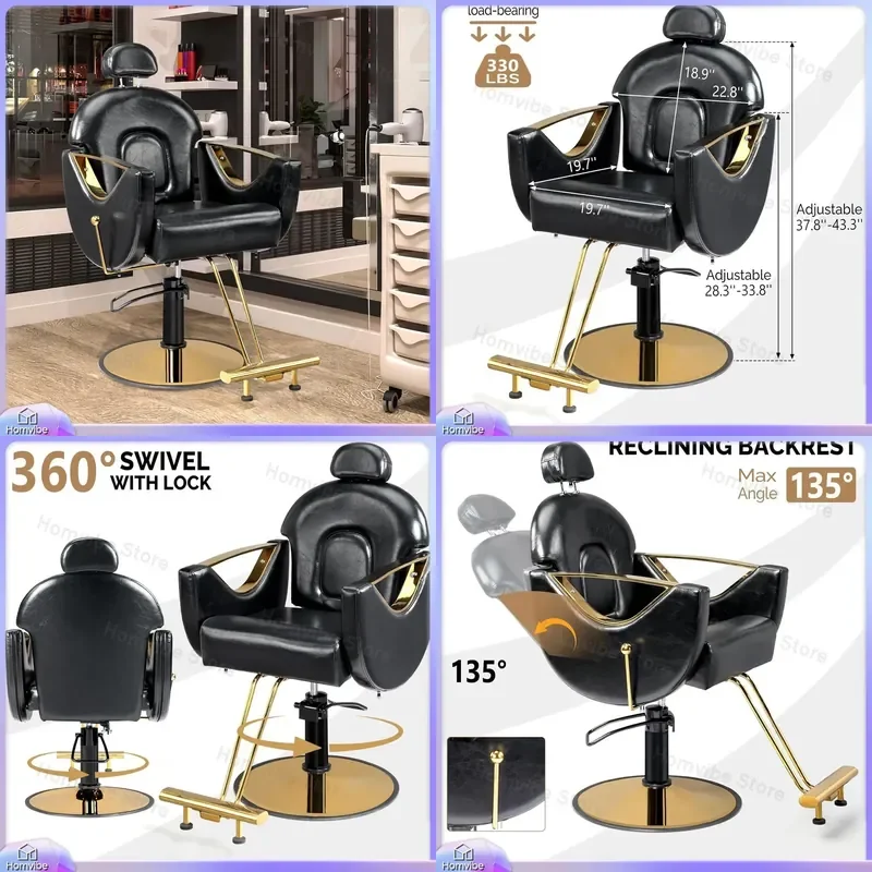 Retro Black and Gold Hydraulic Hair Salon Chair 360 Degree Rotating Barber Chair with Foot Pedal for Hair Cutting Styling