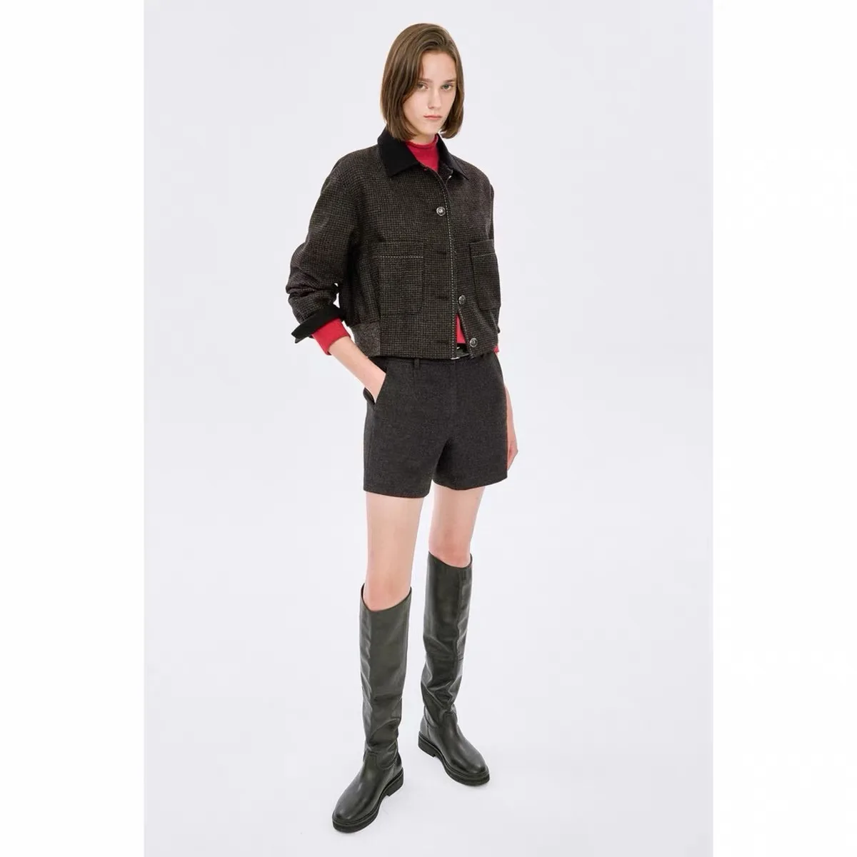 NingYao TIM26 Autumn Thickened Flannel Jacket Collar Color Block Tweed Pattern Women's Short Coat Commute Style Long Sleeve