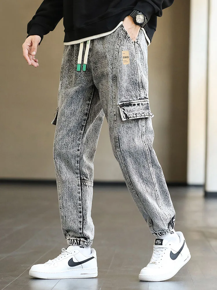 Plus Size Men\'s Cargo Jogger Jeans Hip Hop Streetwear Fake Pockets Stretched Cotton Casual Denim Pants Baggy Jean Trousers 8XL