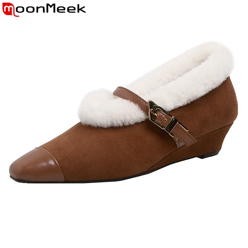 MoonMeek Kid Suede Mary Janes Wedges Pumps Women Shoes Pointed Toe Buckle Wool Insole Warm Winter Fashion Casual Daily Shoes