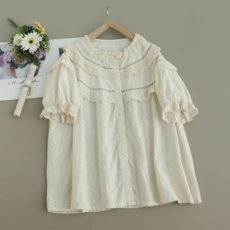 Summer Sweet Mori Girl Hollow Out Ruffles Embroidered Shirt Women Short Sleeve Single Breasted Casual Loose Cotton Tops