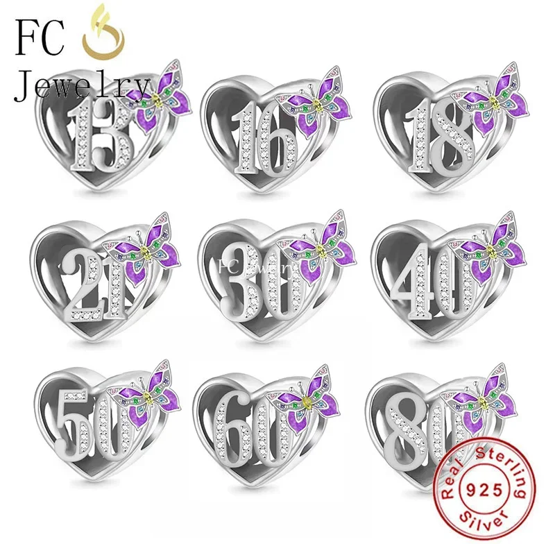 

Fit Original Pan Charms Bracelet 925 Silver Purple Butterfly Birthday Number Bead For Making Grandma Daughter Berloque DIY