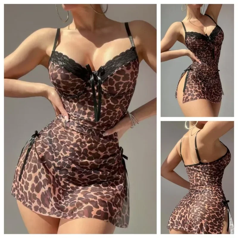 

Sexy Leopard Print Women's Nightgown Short Split Bow Tie Pajamas Sexy Lingerie Set Sleep Dress Sleepwear Women Night Gown