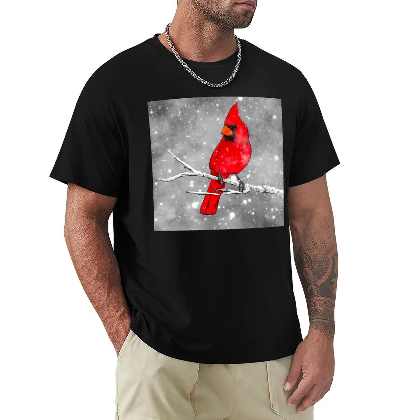 Cardinal in the Snow T-Shirt Work Duty Casual T-Shirt