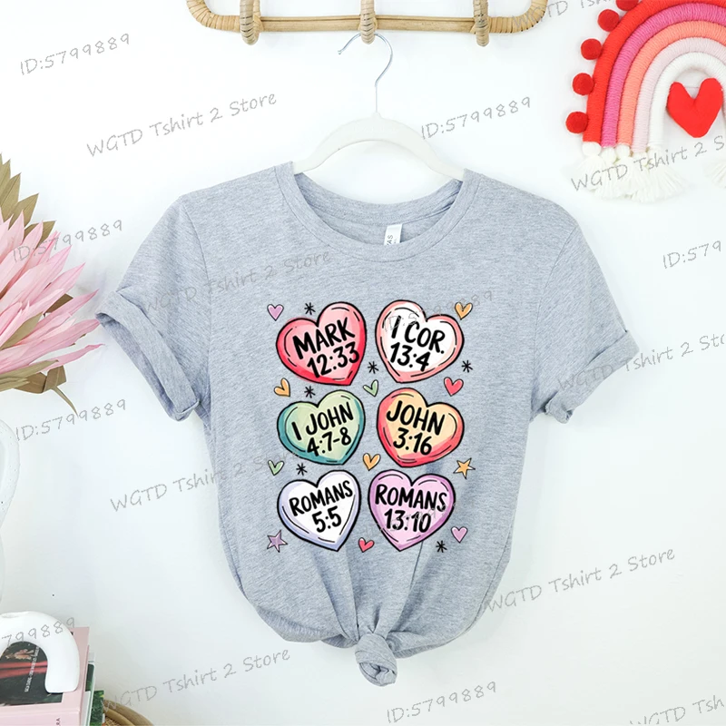 Christian Love Hearts Print T Shirt Women Bible Verse Valentine's Day Tshirt Sweet Style Candy Heart Scripture Religious Tops