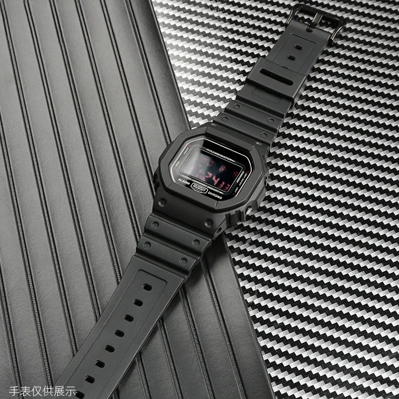 อะไหล่สายนาฬิกาสำหรับ Casio DW5600 GW-5000 5035 GW-M5610ซิลิโคนผู้ชายขนาด16มม. พร้อมอินเตอร์เฟซที่นูนและรูปแบบสี่เหลี่ยมจัตุรัส