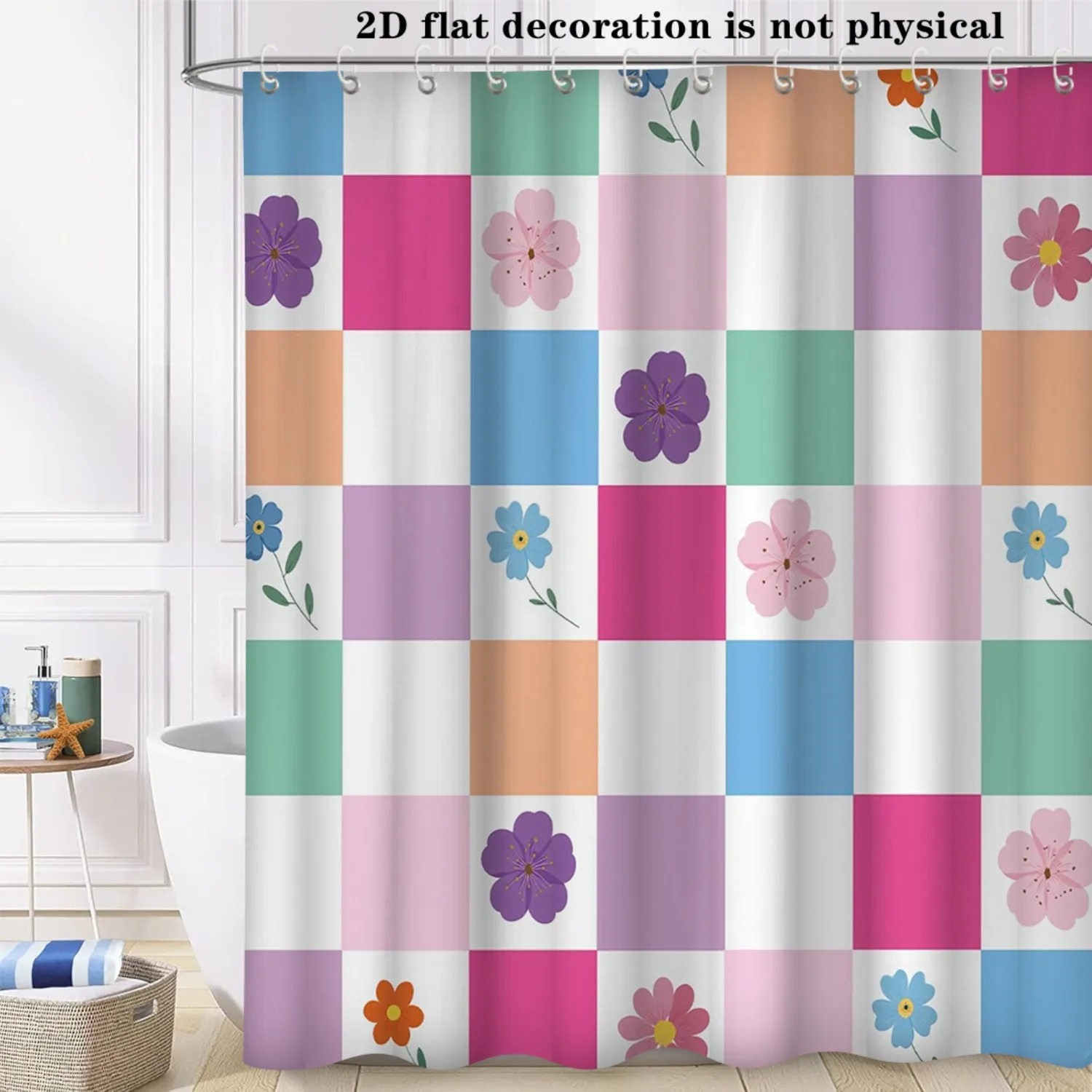 Cute Floral Pattern Shower Curtain for Bathroom Decor - Vibrant Color Blocks with Blue and Pink Flowers