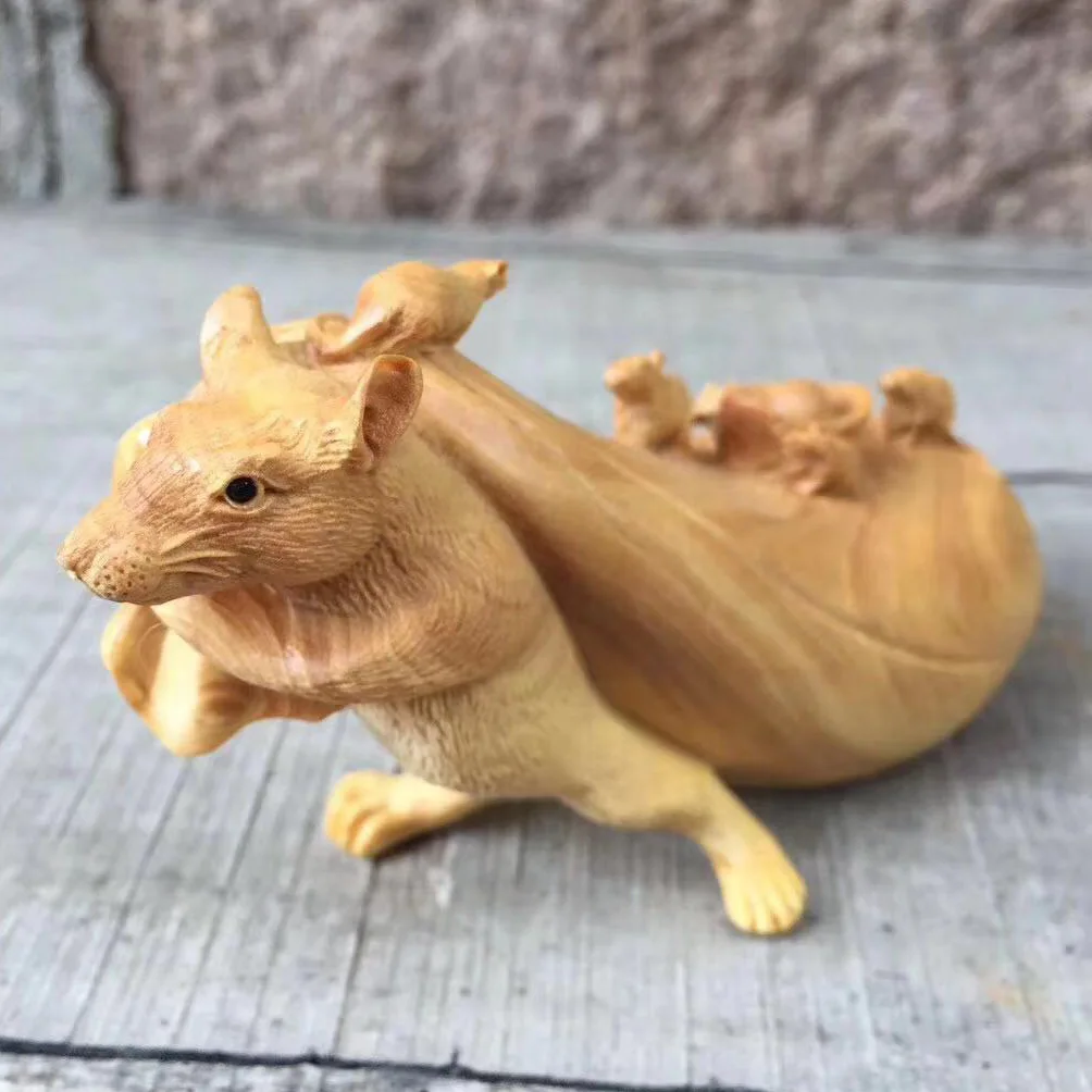 Real Boxwood Root Carving Mouse Weasel Purse Ingots Rat Move House Crafts Handmade Polishing Ornament Lucky Fortune Mascot Decor