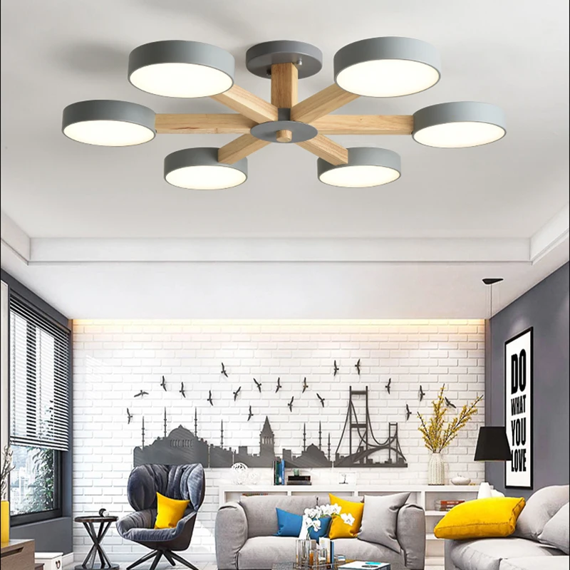 Modern Wooden Ceiling Light For Living Room 3/6/8 Lights Indoor Led  Luminaire Suspension Decoration Bedroom Hanglamp