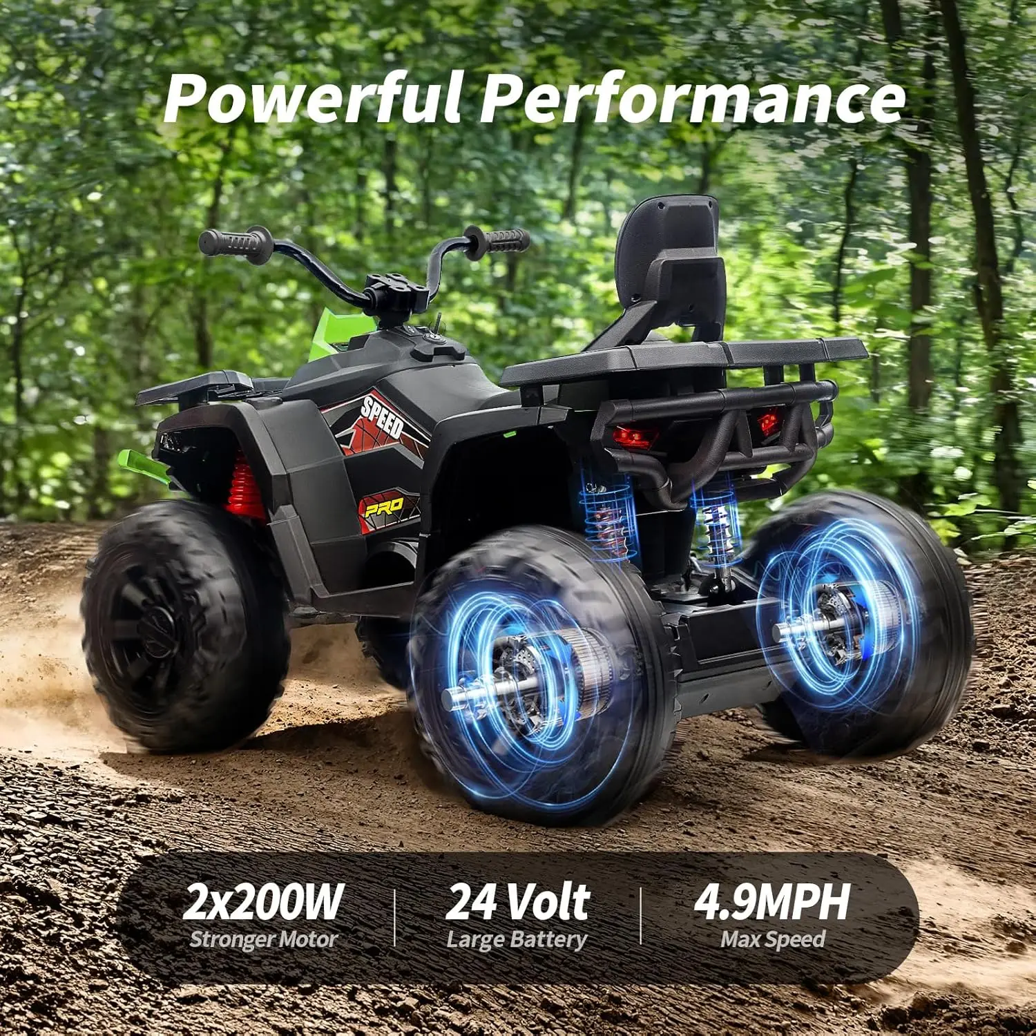 어린이 ATV 4휠러, 400W 모터가 장착된 큰 어린이를 위한 24V 라이드 온 장난감 자동차, 2인승 - 녹색