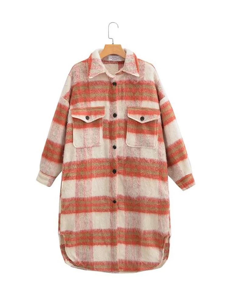 Damski płaszcz zimowy z długim rękawem, kołnierzem, zapinany na jeden guzik, z kieszeniami, dekoracyjny, wełniany, długi płaszcz damski, ciepły płaszcz w kratę do pracy.