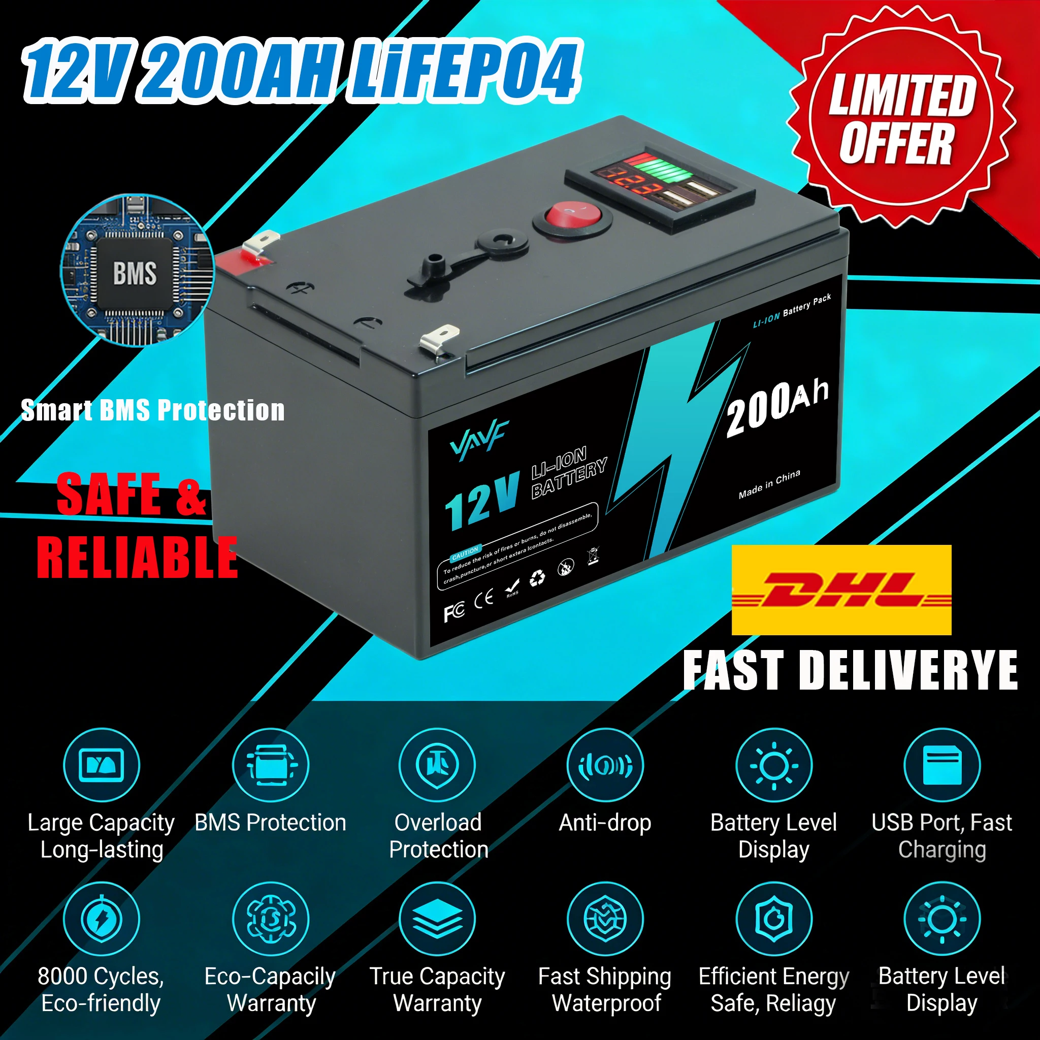 

12v Rechargeable Battery200AH Lithium Iron Phosphate Battery with BMS for Reliable RV️Off-Grid, Marine&Solar Applications
