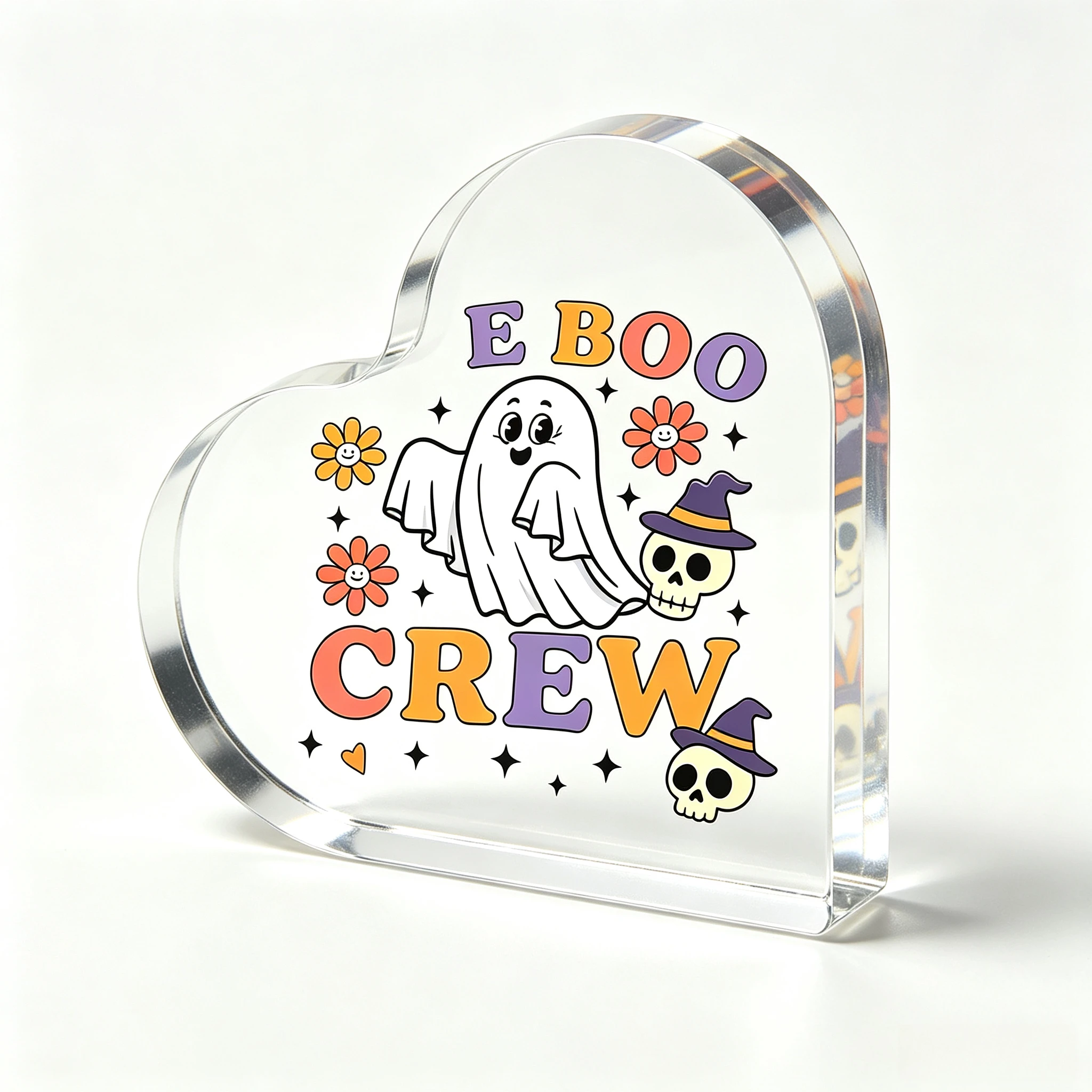 Retro Floral Ghost Witch Skull Heart Acrylic Tabletop Sign, Spooky Season Shelf Ornament