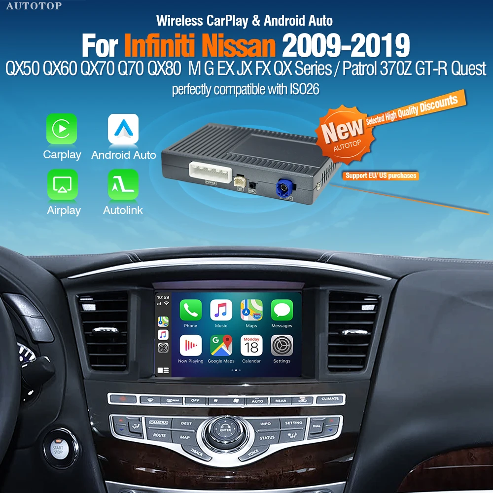 Boîtier décodeur AUTOTOP Wireless CarPlay Android Auto pour Nissan 370Z GT-R GTR Patrol Infiniti QX70 Q60 QX50 QX60, interface de rétrofit pour écran d'origine, MirrorLink, AirPlay, Bluetooth, AUX, USB, caméra OEM