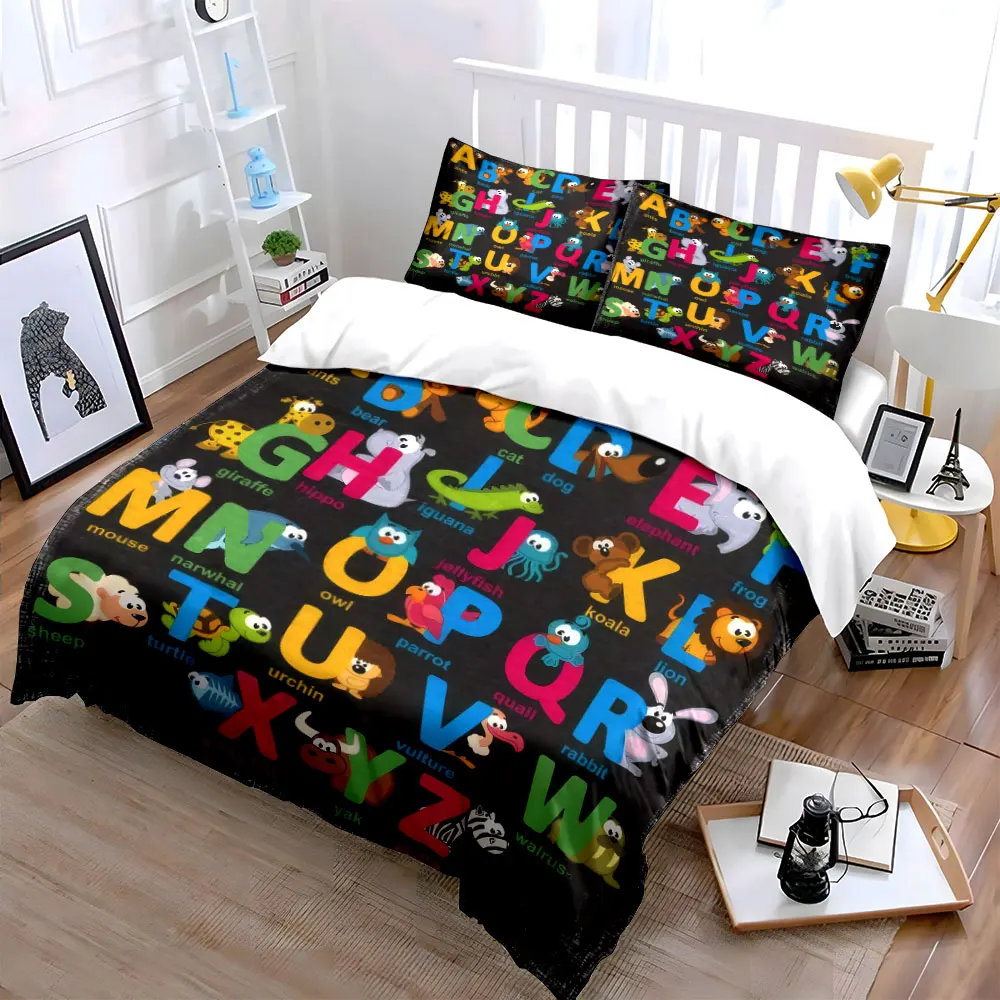 Animal Alphabet Learning Set Soft Skin-Friendly Bedding Set Includes 1 Duvet Cover And 2 Pillowcase, Gift