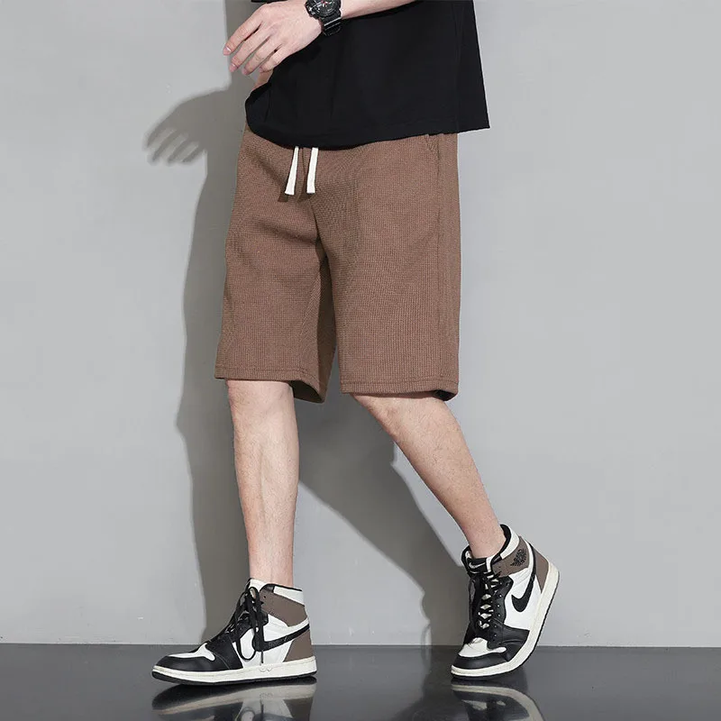 Men Shorts Solid Color Mid Waist Summer Shorts Waffle Texture Deep Crotch Drawstring Male Shorts Loose Knee Length Casual Short image 5